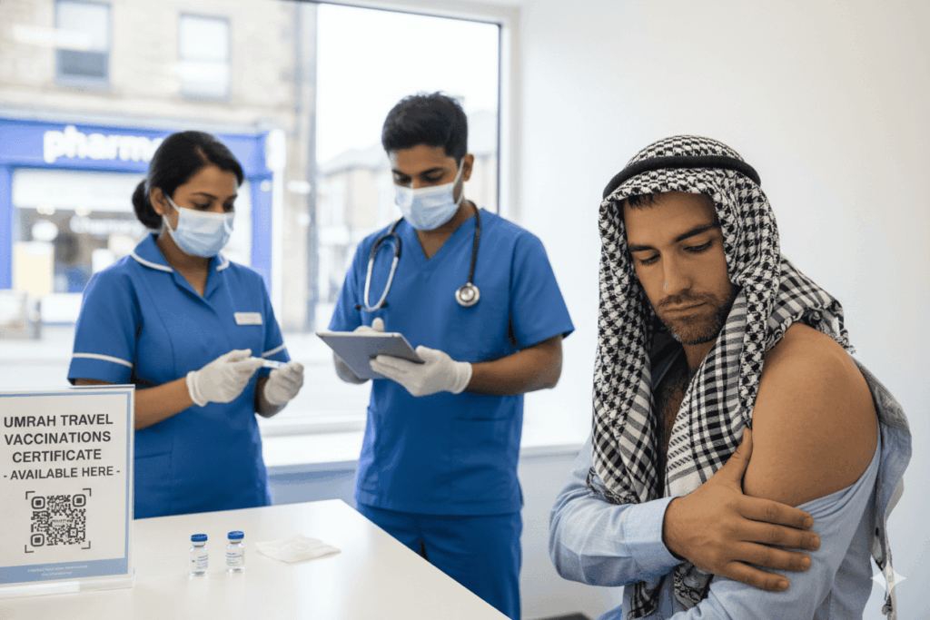 A man receiving a meningitis vaccine in Crumpsall for his Umrah pilgrimage
