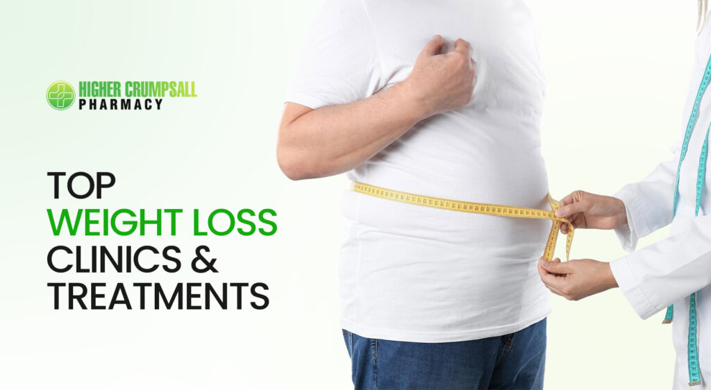 Doctor measuring a patient's midsection next to the text "Top Weight Loss Clinics & Treatments" with Higher Crumpsall Pharmacy branding