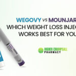 Wegovy and Mounjaro weight loss injection pens side by side with comparison text.
