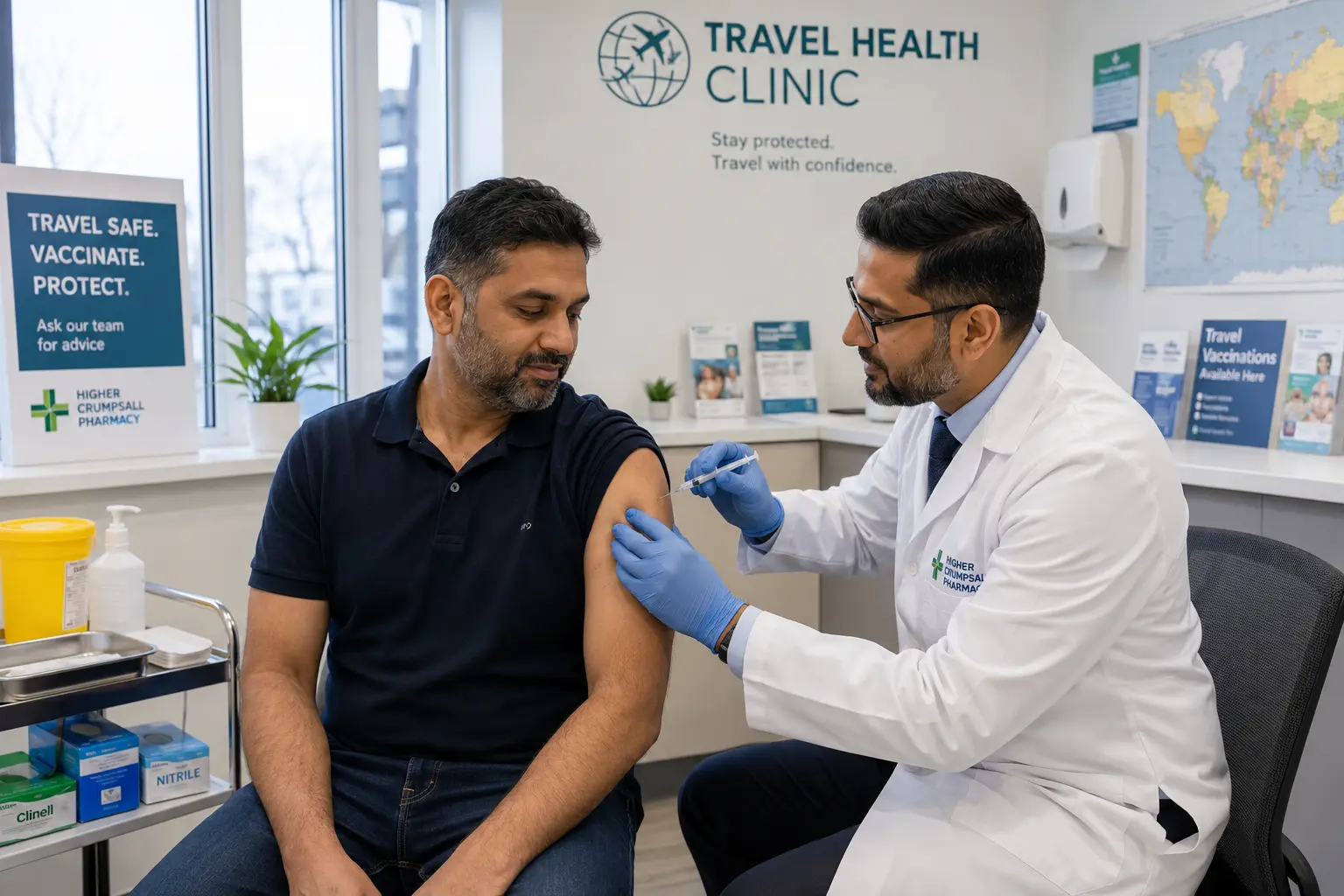 Male clinician administering a travel vaccination in a modern clinic