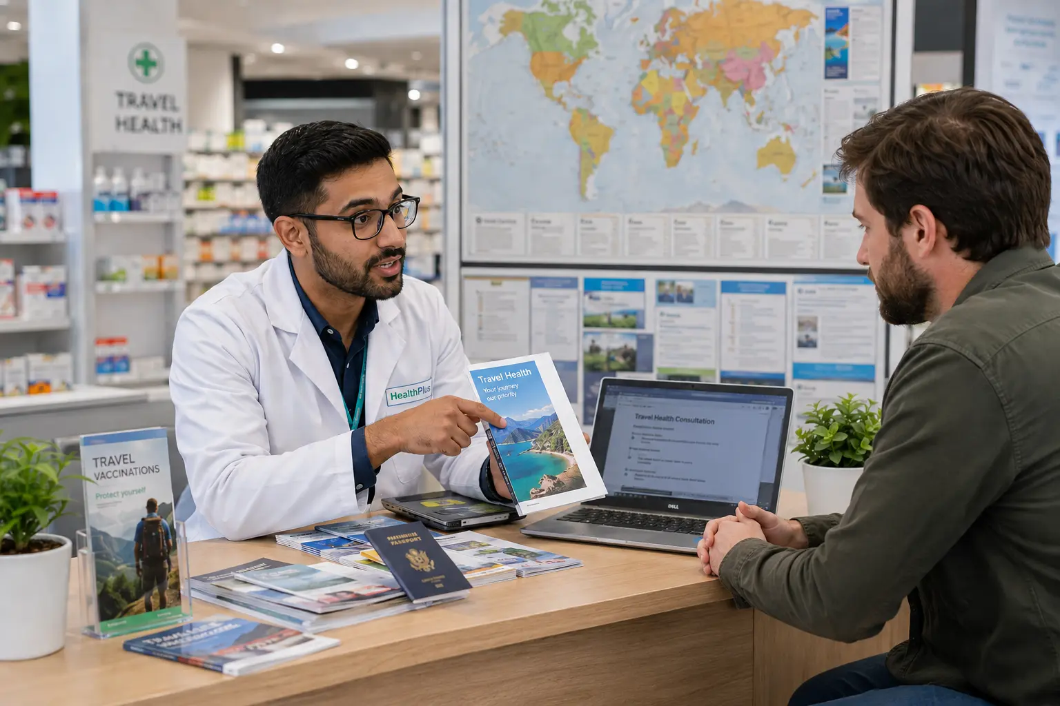 Travel health clinician providing vaccination advice before international travel