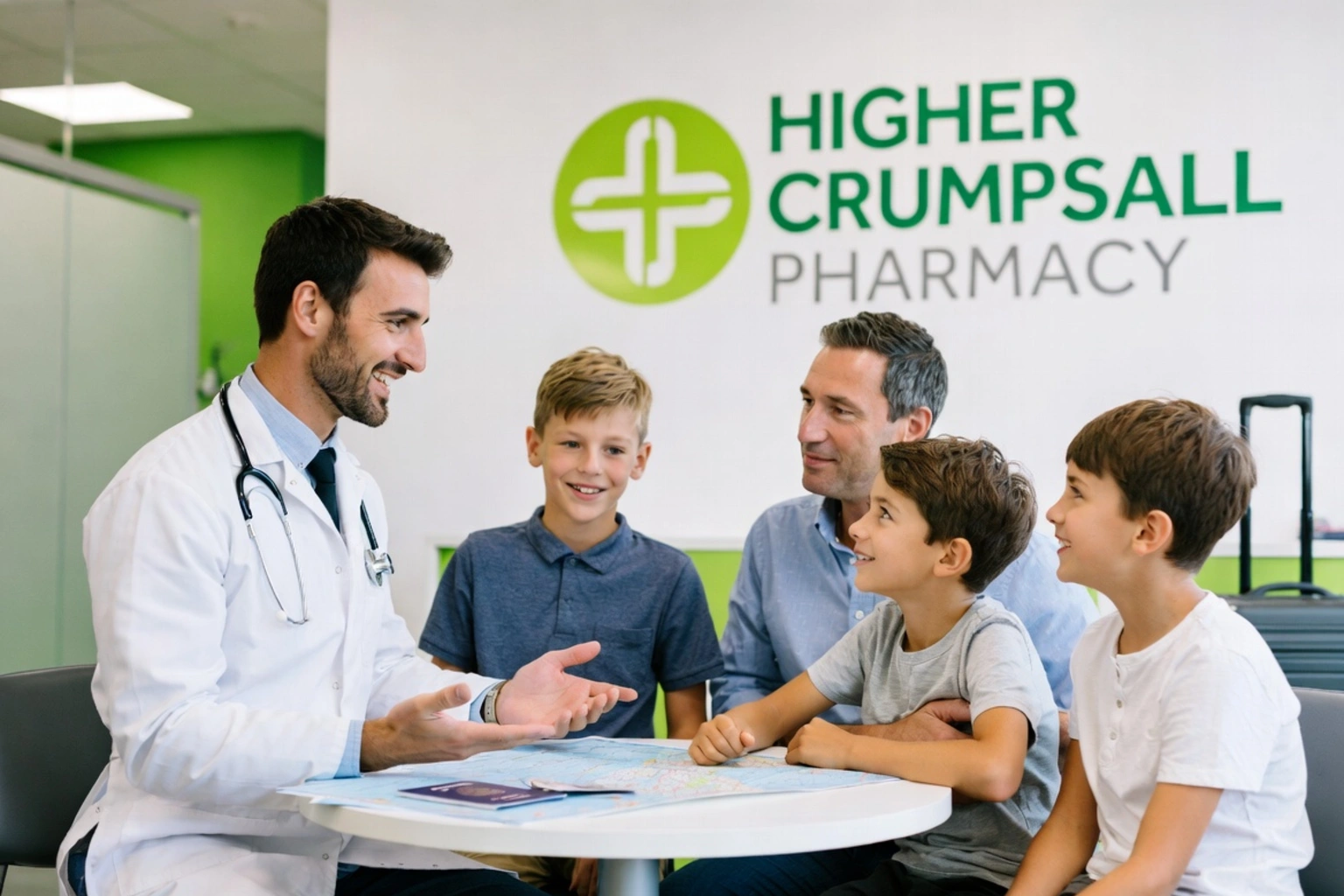 Family preparing for travel vaccination appointment in pharmacy clinic