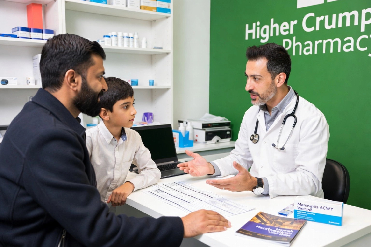 Travel health clinician discussing Hajj vaccination requirements with travellers at a pharmacy clinic.