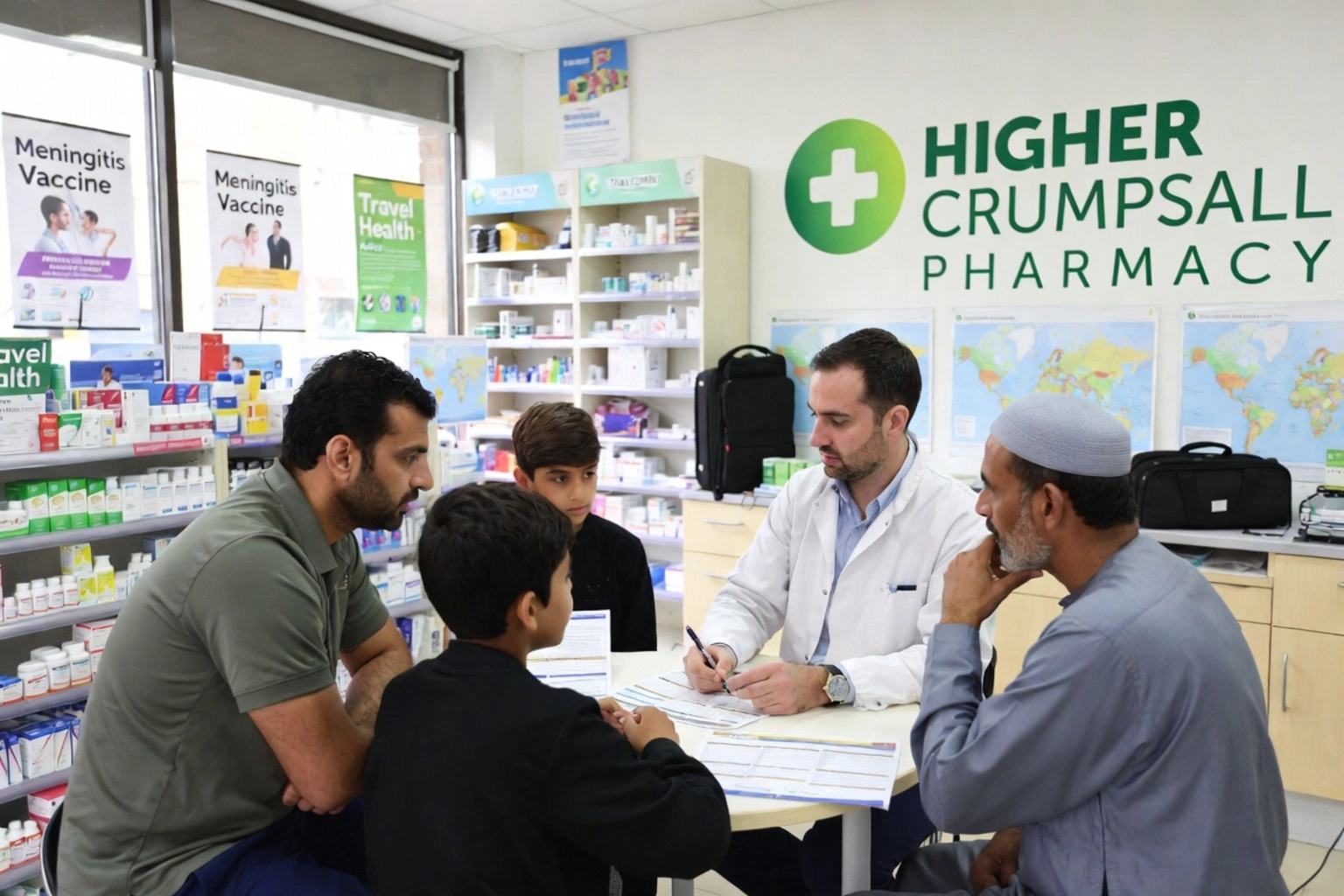 Family and Hajj travellers discussing travel vaccines at a pharmacy clinic