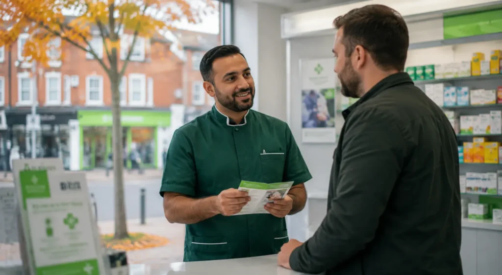 Male pharmacist discussing flu vaccination timing with a patient in Middleton pharmacy.