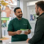 Male pharmacist discussing flu vaccination timing with a patient in Middleton pharmacy.