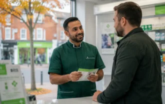 Male pharmacist discussing flu vaccination timing with a patient in Middleton pharmacy.