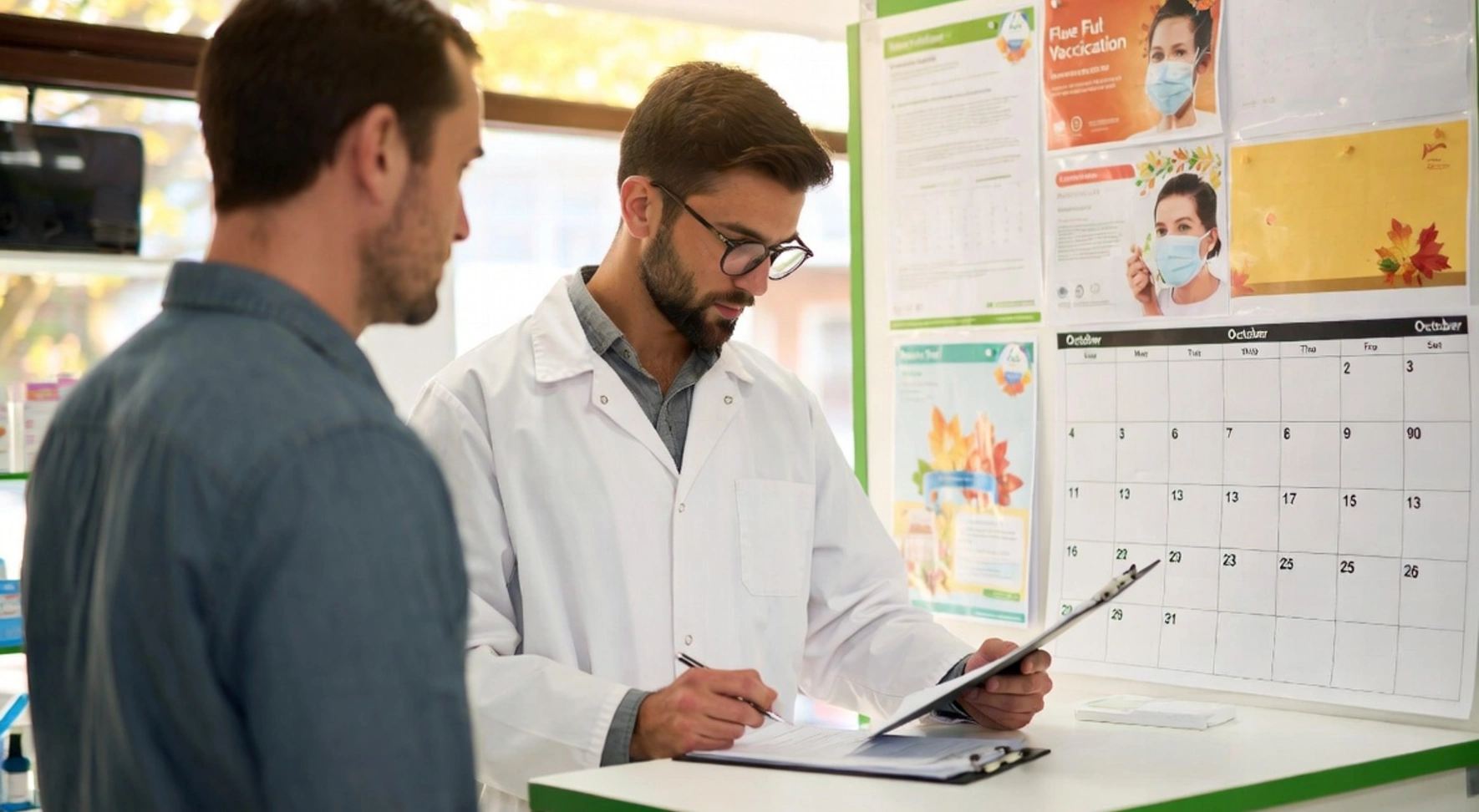 Pharmacist explaining the recommended October flu vaccination period.