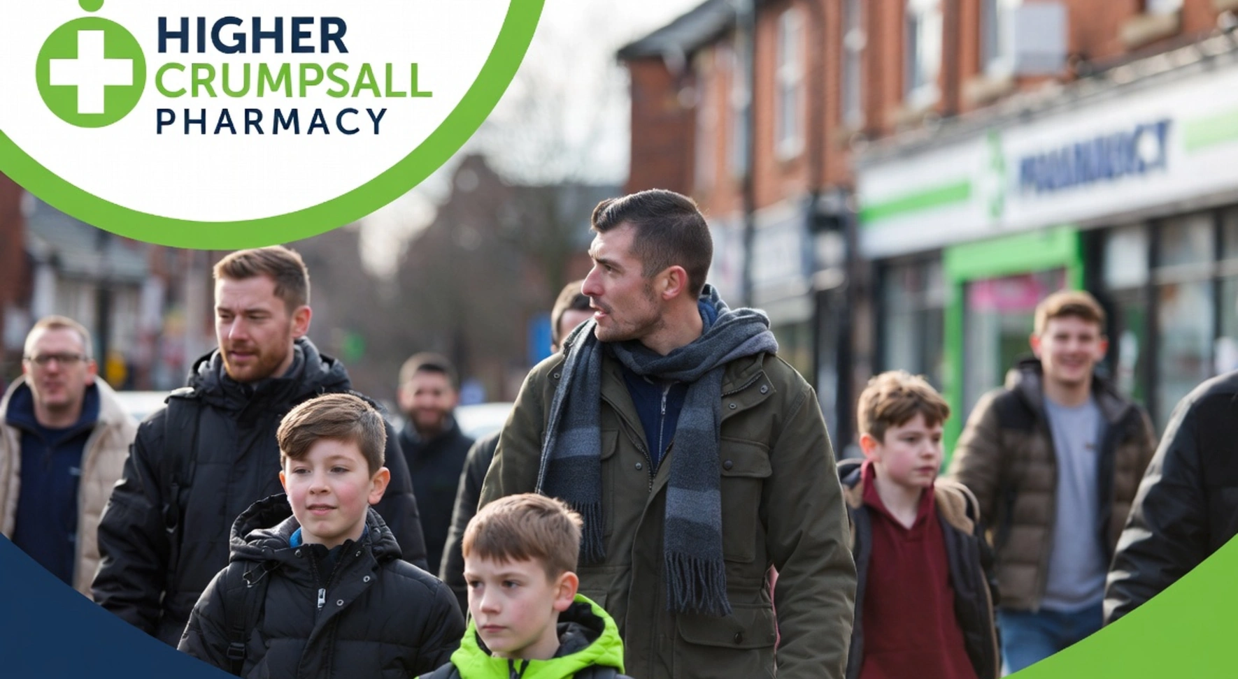 A group of adults and children walking down a city sidewalk on a cold day, with a Higher Crumpsall Pharmacy logo overlay in the top left corner.