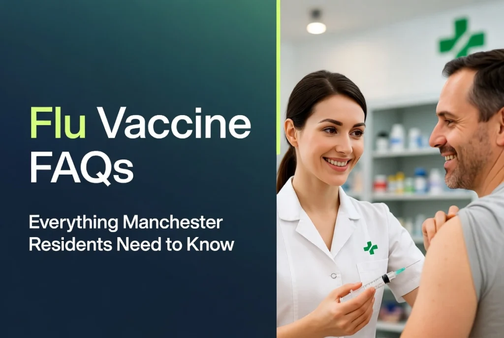 A female pharmacist smiling while holding a syringe to administer a vaccine to a male patient in a pharmacy, next to text reading "Flu Vaccine FAQs Everything Manchester Residents Need to Know" on a dark teal background.