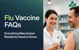 A female pharmacist smiling while holding a syringe to administer a vaccine to a male patient in a pharmacy, next to text reading "Flu Vaccine FAQs Everything Manchester Residents Need to Know" on a dark teal background.